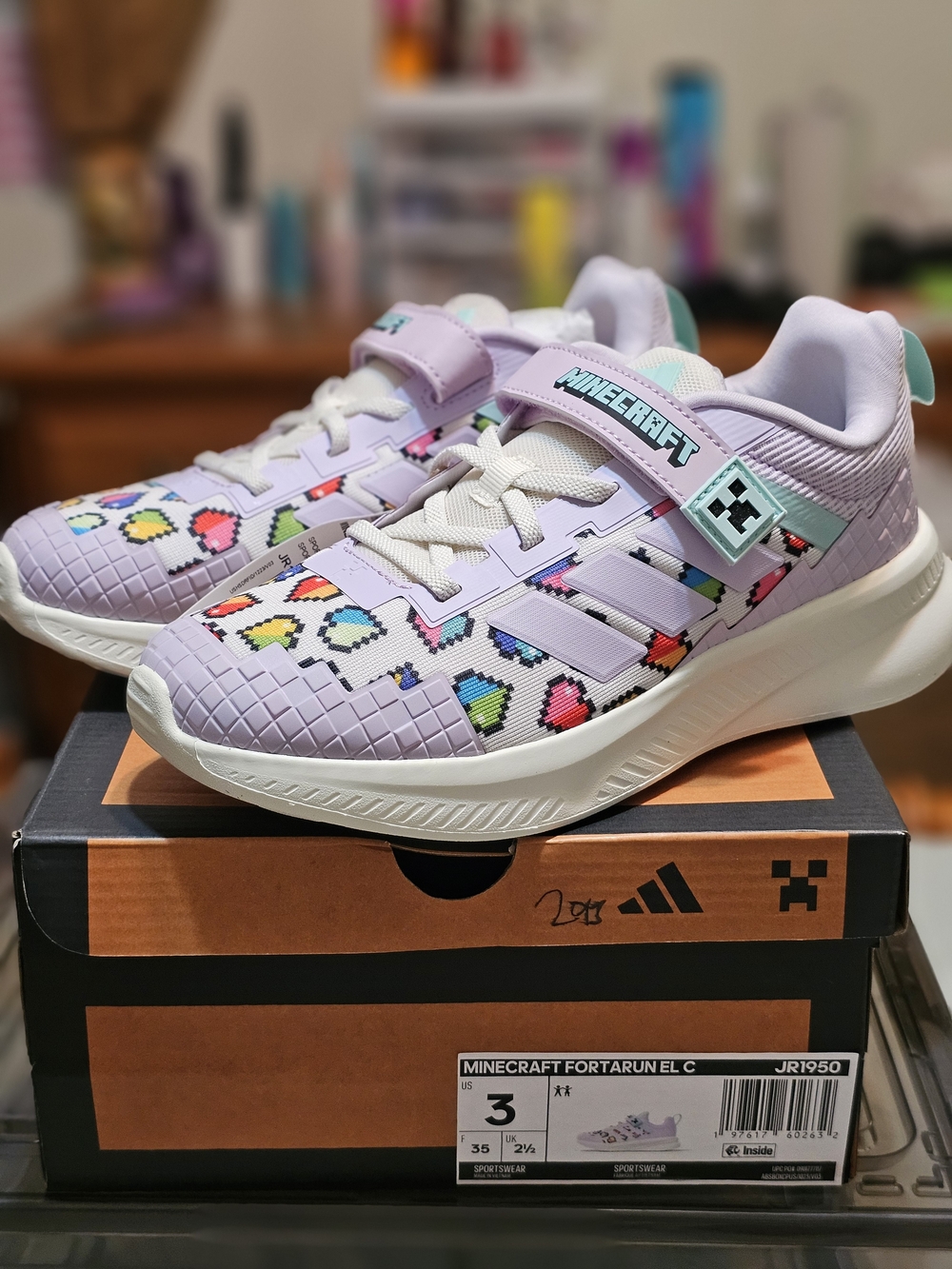 Minecraft x Adidas Kids' Lavender Pixel Heart Running Shoes